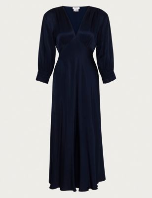 Ghost Womens Satin V-Neck Midi Waisted Dress - XS - Navy, Navy