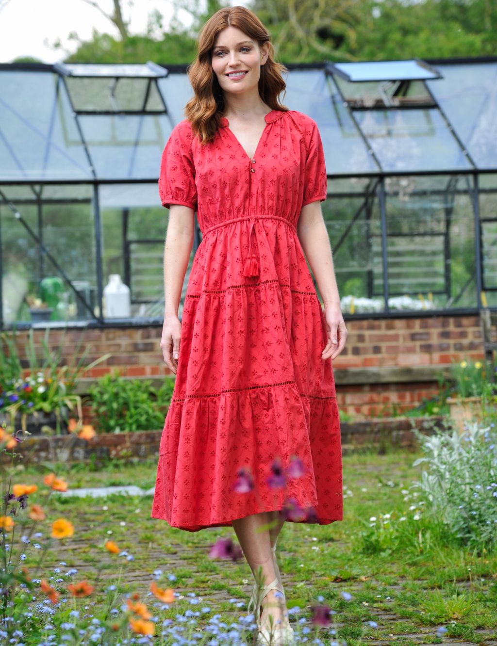 Pure Cotton Broderie Tiered Midi Dress