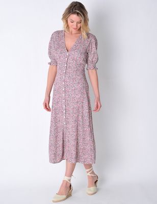 Burgs Women's Floral V-Neck Button Through Midi Tea Dress - 8 - Pink Mix, Pink Mix,Blue Mix,Yellow M
