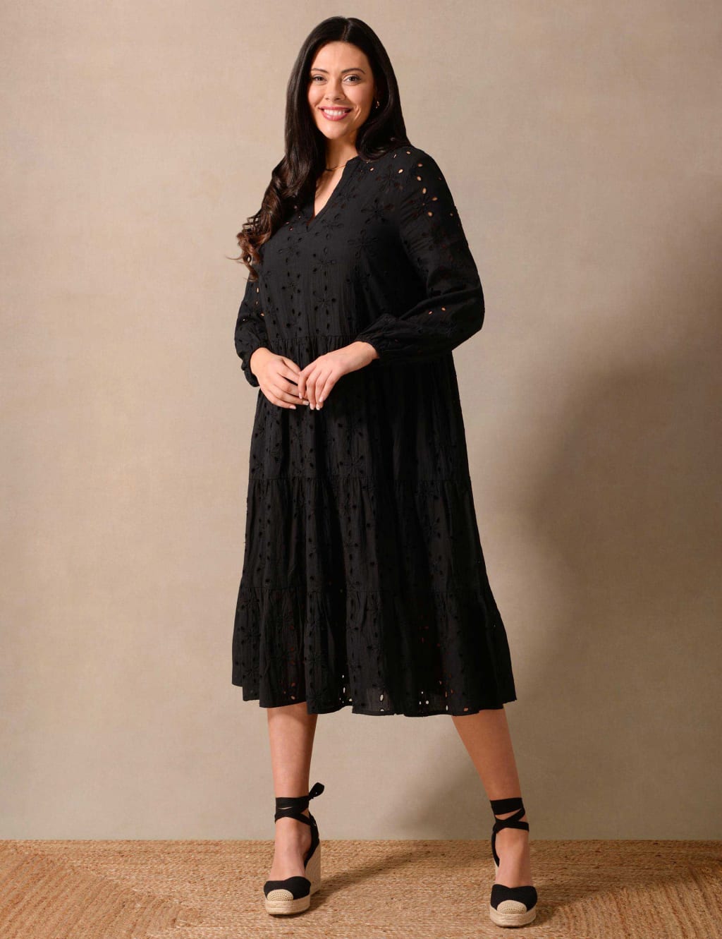 Pure Cotton Broderie V-Neck Midi Dress image 3