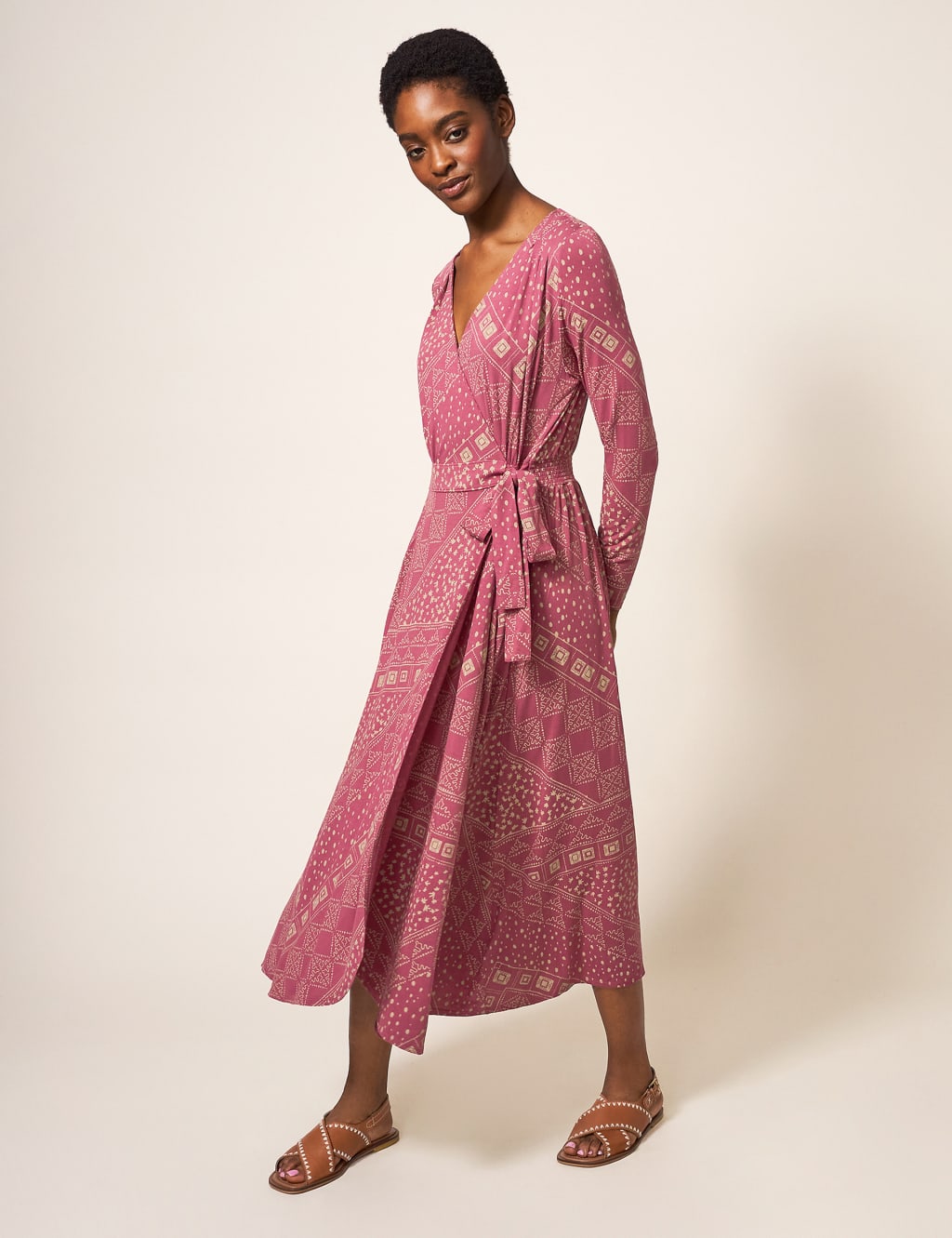 Geometric V-Neck Tie Waist Midi Wrap Dress image 2