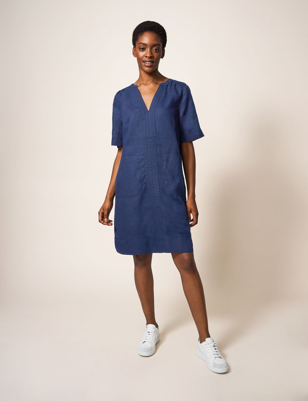 Pure Linen V-Neck Knee Length Shift Dress image 1