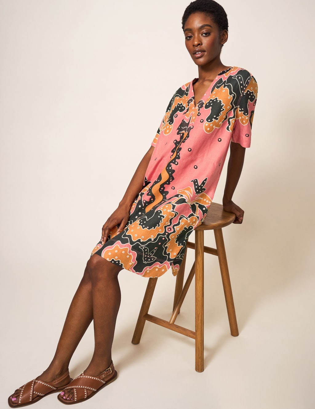 Pure Linen Printed V-Neck Shift Dress image 2