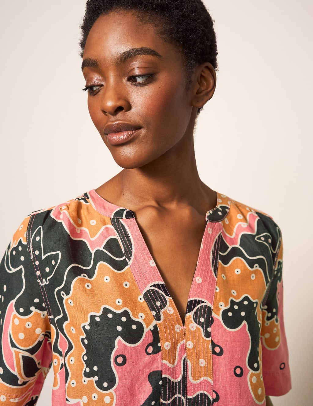Pure Linen Printed V-Neck Shift Dress image 3