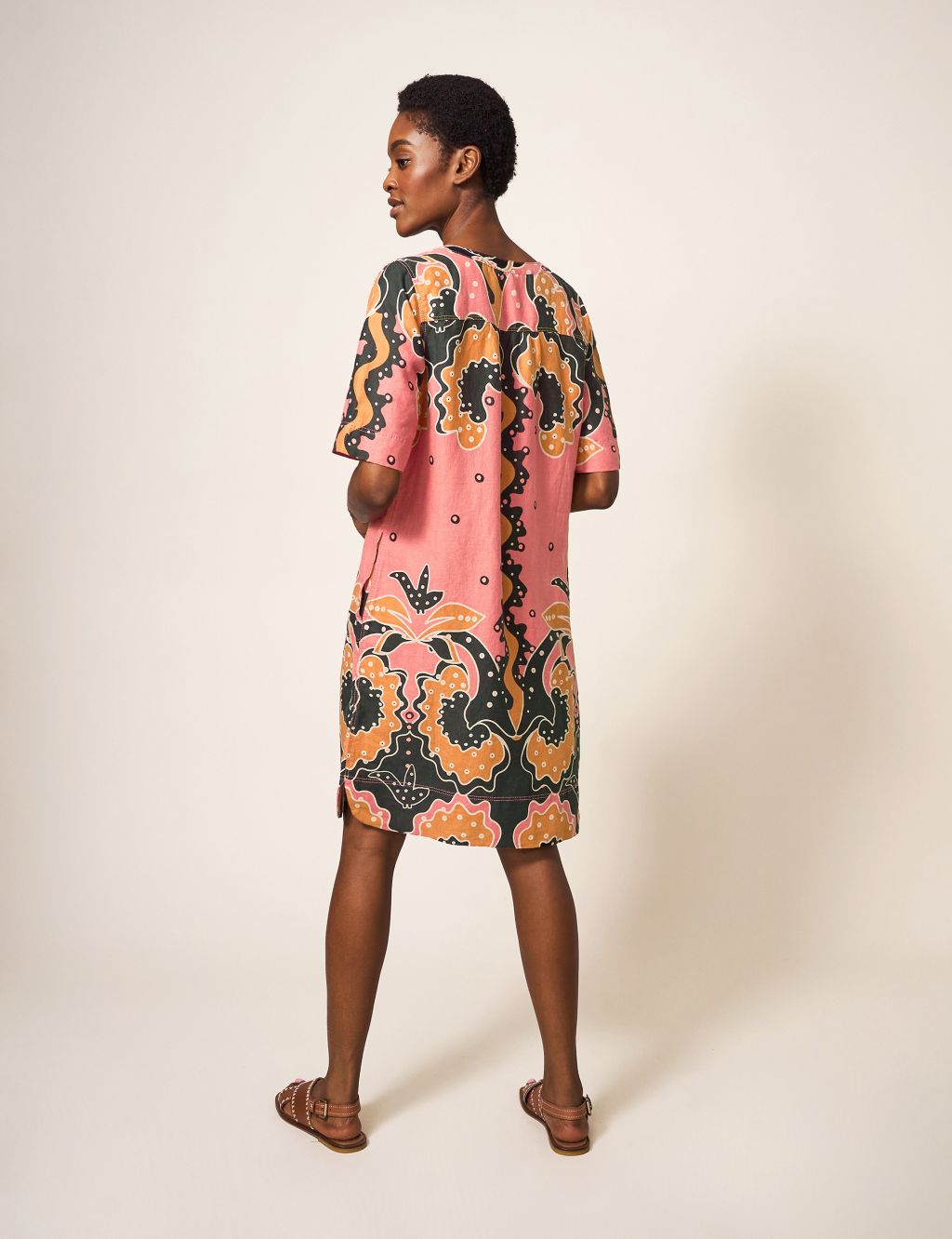 Pure Linen Printed V-Neck Shift Dress image 4
