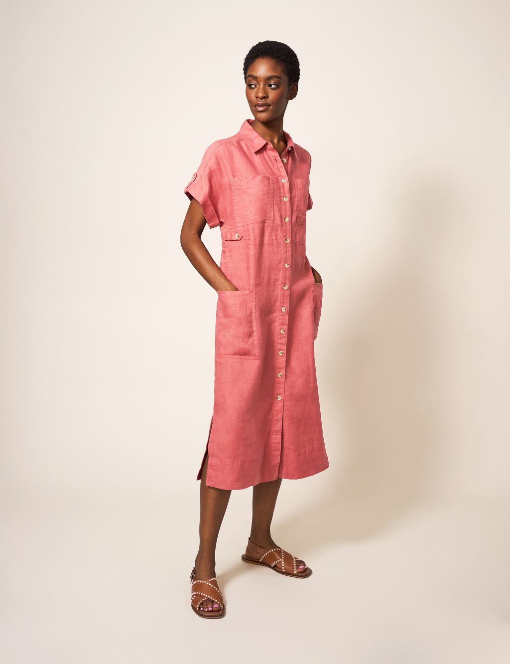 Pure Linen Button Through Midi Shirt Dress image 1