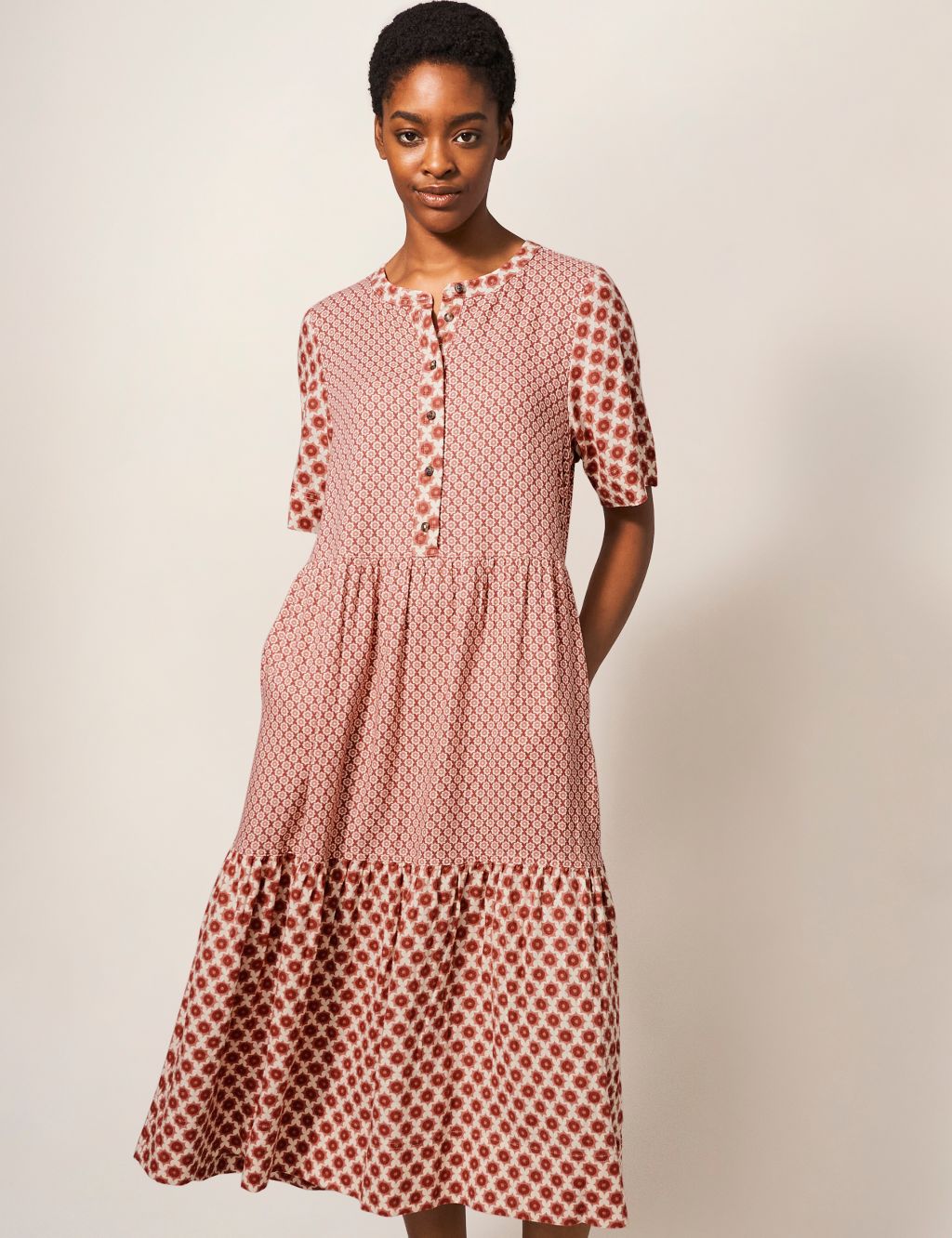 Linen Blend Printed Midi Tiered Dress image 3