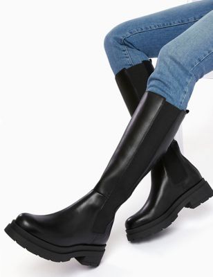 Dune London Womens Leather Chunky Flatform Knee High Boots - 6 - Black, Black