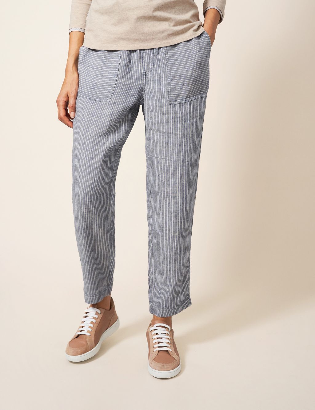 Pure Linen Striped Slim Fit Trousers image 1