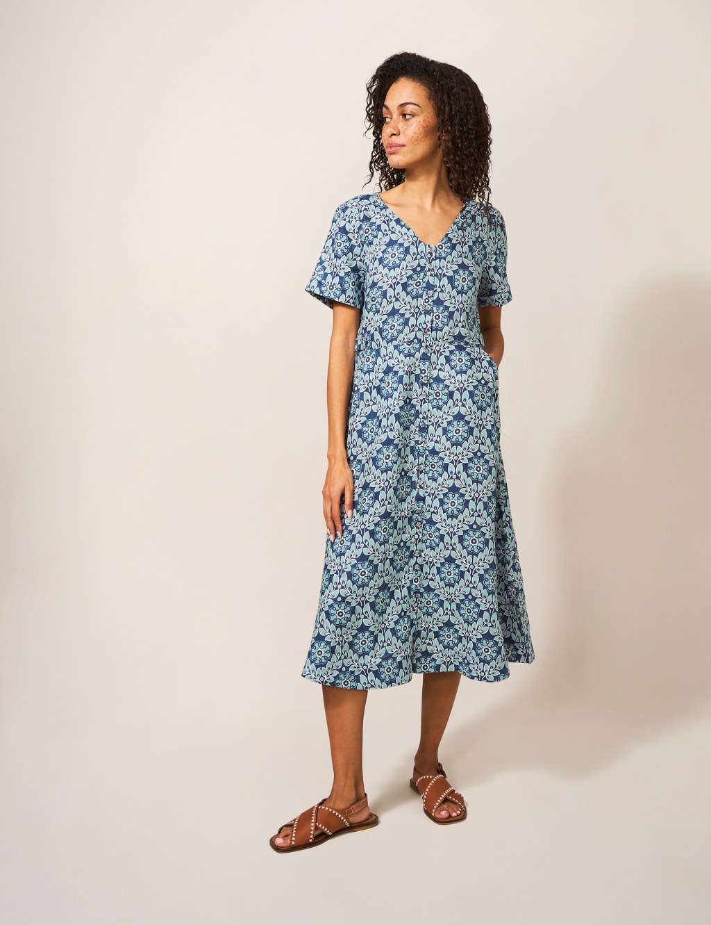 Pure Linen Printed V-Neck Midi Tea Dress image 2