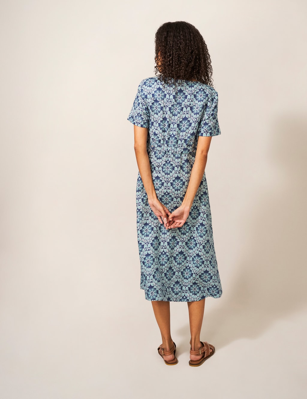 Pure Linen Printed V-Neck Midi Tea Dress image 3