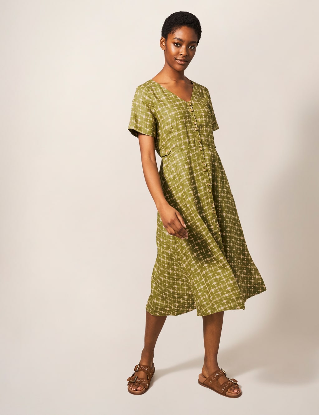 Pure Linen Printed V-Neck Midi Tea Dress image 1