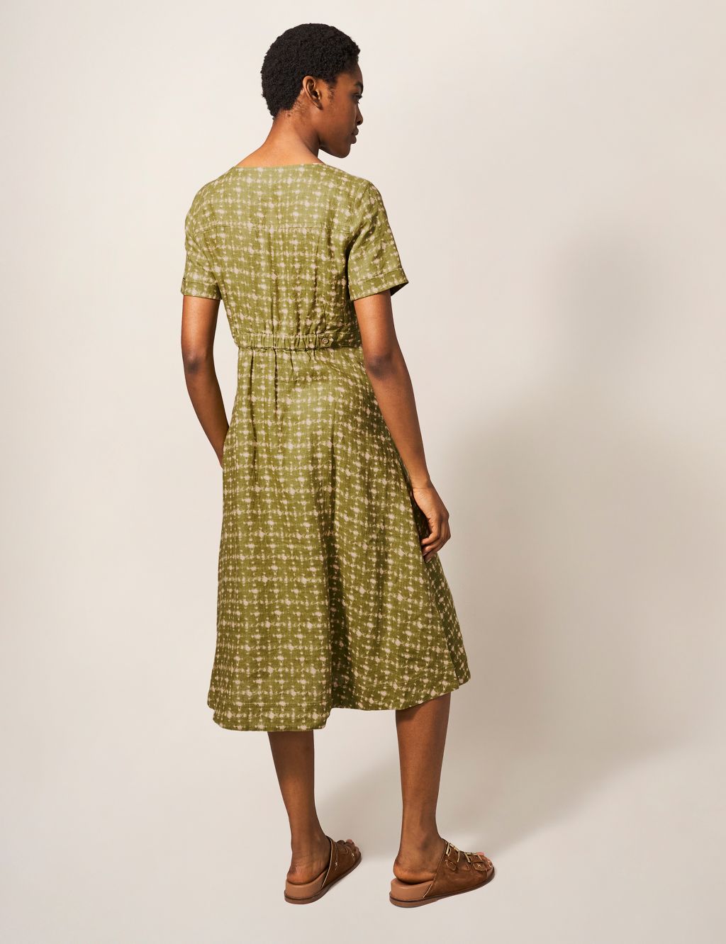 Pure Linen Printed V-Neck Midi Tea Dress image 2