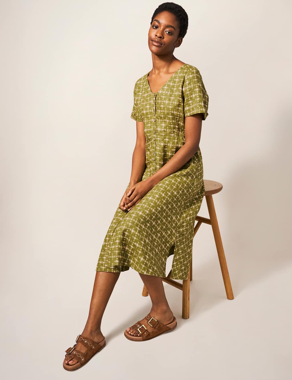 Pure Linen Printed V-Neck Midi Tea Dress image 3