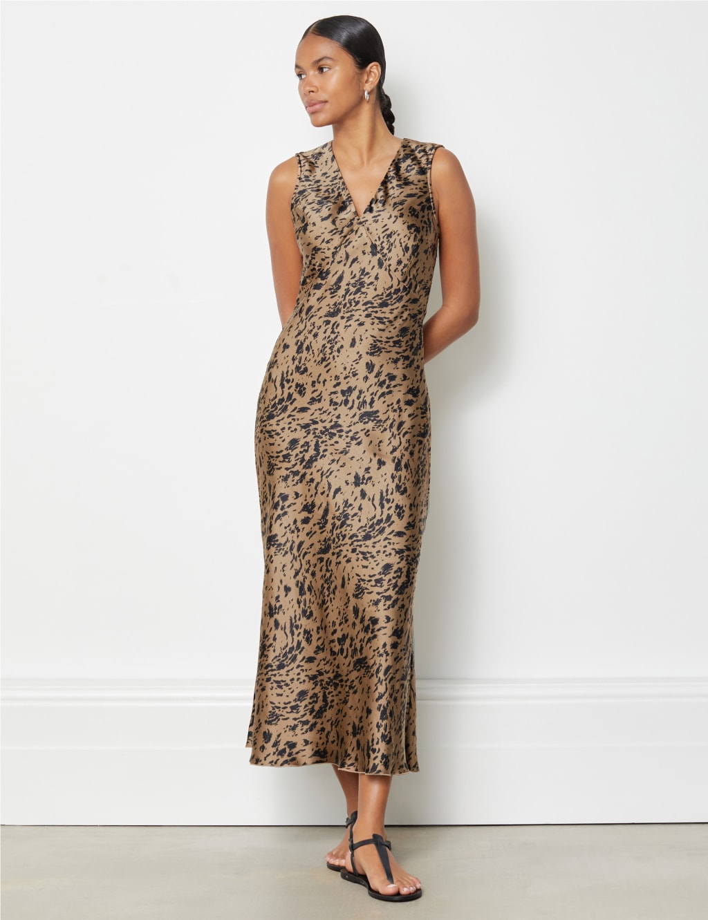 Satin Animal Print V-Neck Midi Column Dress image 5