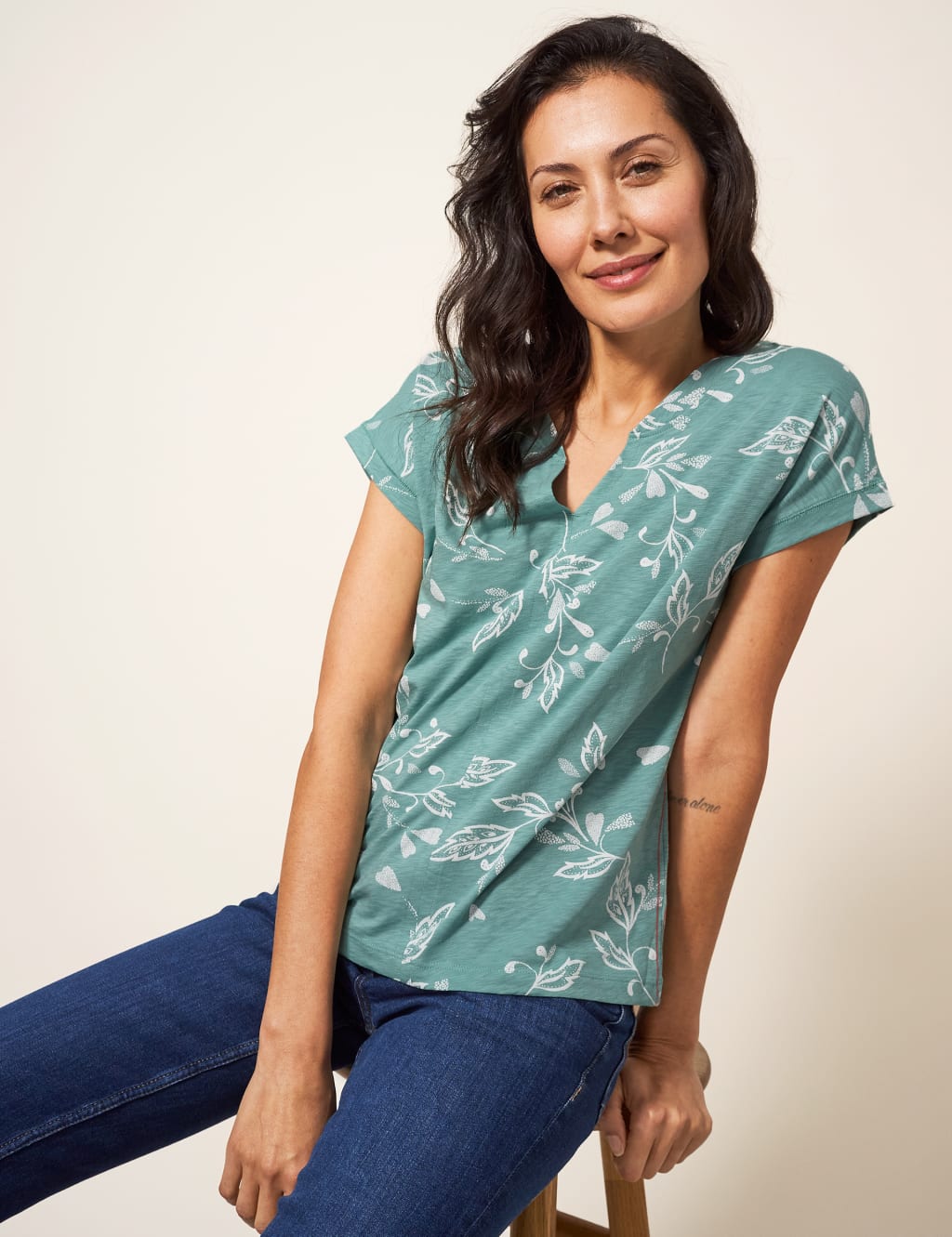 Pure Cotton Leaf Print Notch Neck T-Shirt image 1