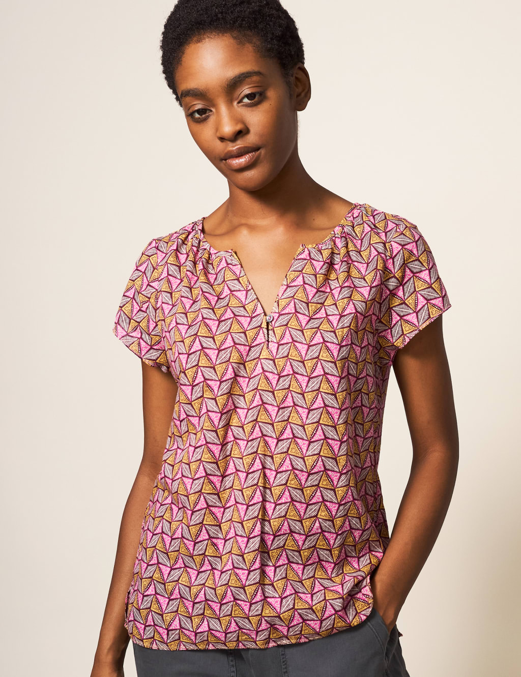 Organic Cotton Geometric V-Neck Blouse image 1