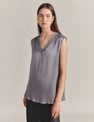 Ghost Womens Satin V-Neck Vest Top - XS - Grey, Grey,Blue