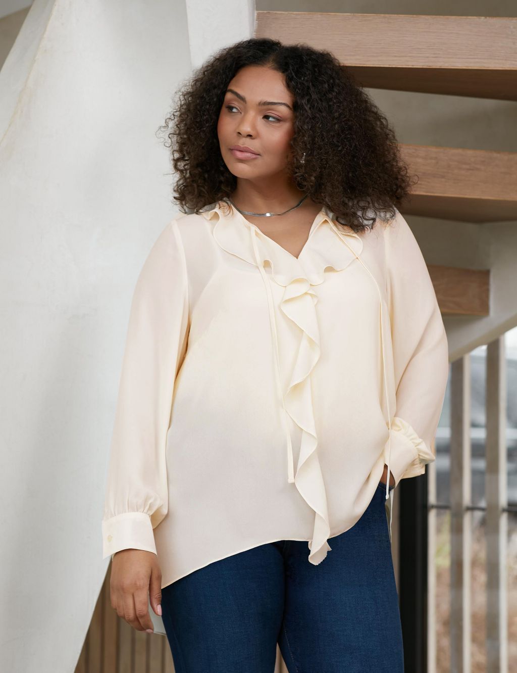 Ruffle Tie Neck Relaxed Blouse