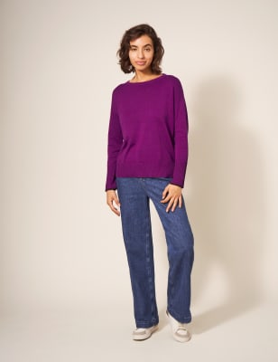 White Stuff Womens Cotton Rich Crew Neck Stepped Hem Jumper - 6 - Pink, Pink,Teal
