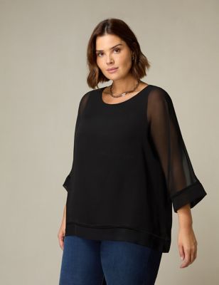 Live Unlimited London Women's Sheer Embroidered Trim Relaxed Top - 28 - Black, Black
