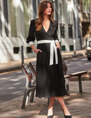 Sosandar Womens Jersey V-Neck Belted Midi Wrap Dress - 8 - Black, Black