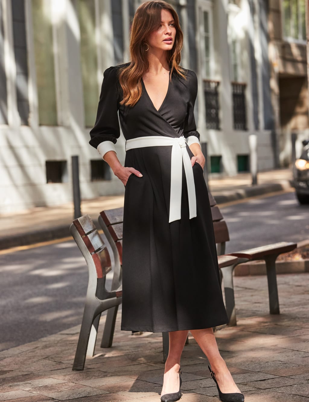 Jersey V-Neck Belted Midi Wrap Dress