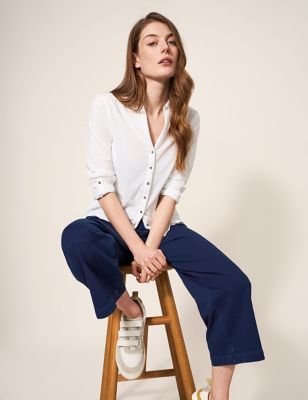 White Stuff Womens Cotton Rich Wide Leg Cropped Trousers - 10 - Blue Denim, Blue Denim