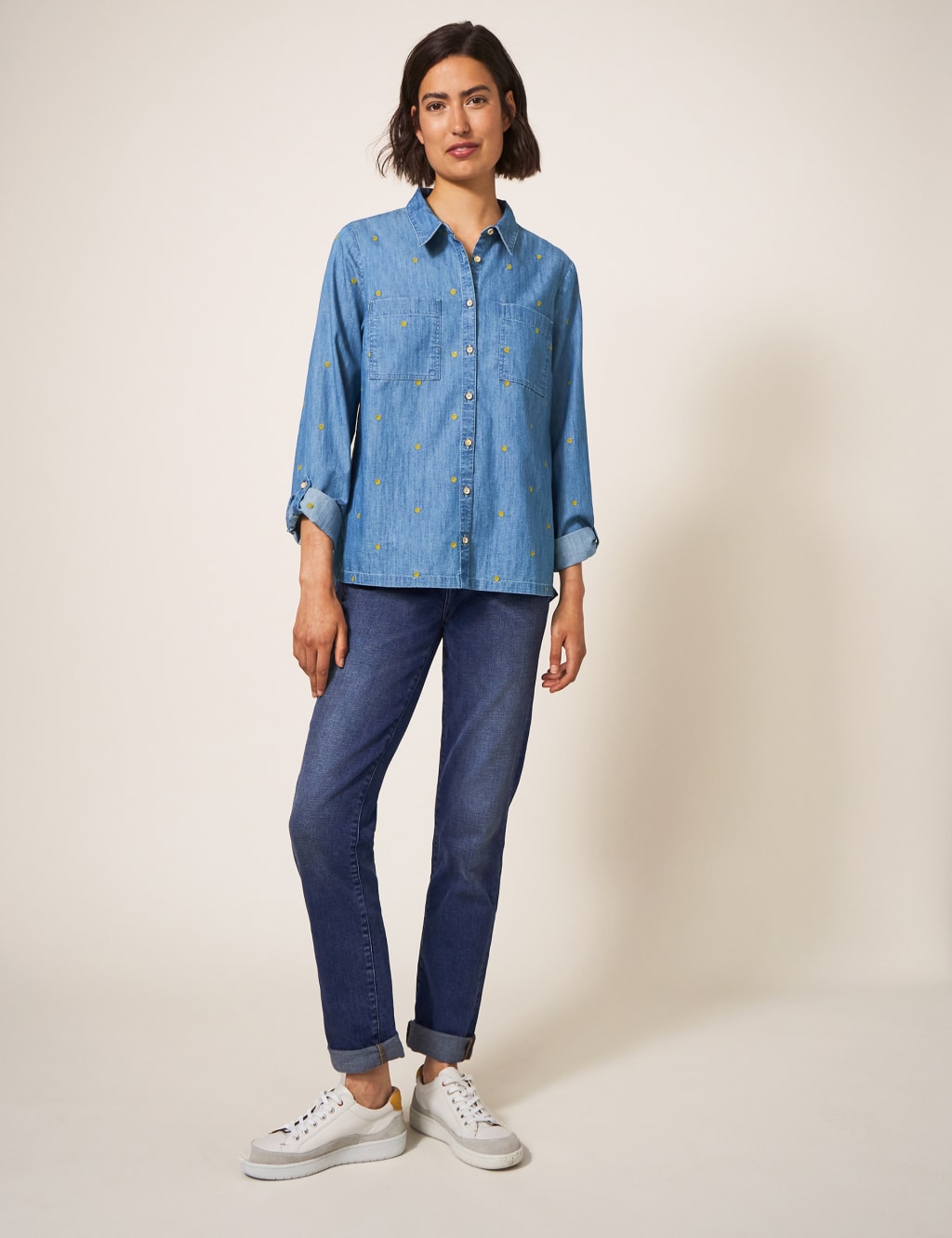 Denim Polka Dot Embroidered Collared Shirt image 4
