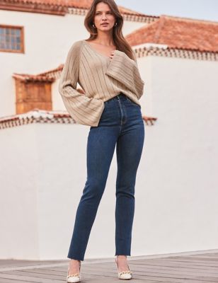 Sosandar Women's Raw Hem Slim Fit Jeans - 6LNG - Blue Denim, Blue Denim