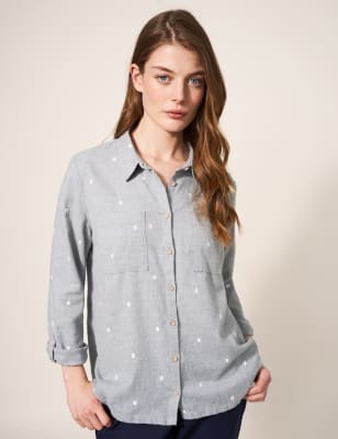 White Stuff Womens Organic Cotton Textured Collared Shirt - 12 - Grey Mix, Grey Mix