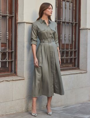 Sosandar Womens Lyocell Rich Utility Midaxi Shirt Dress - 16 - Khaki, Khaki