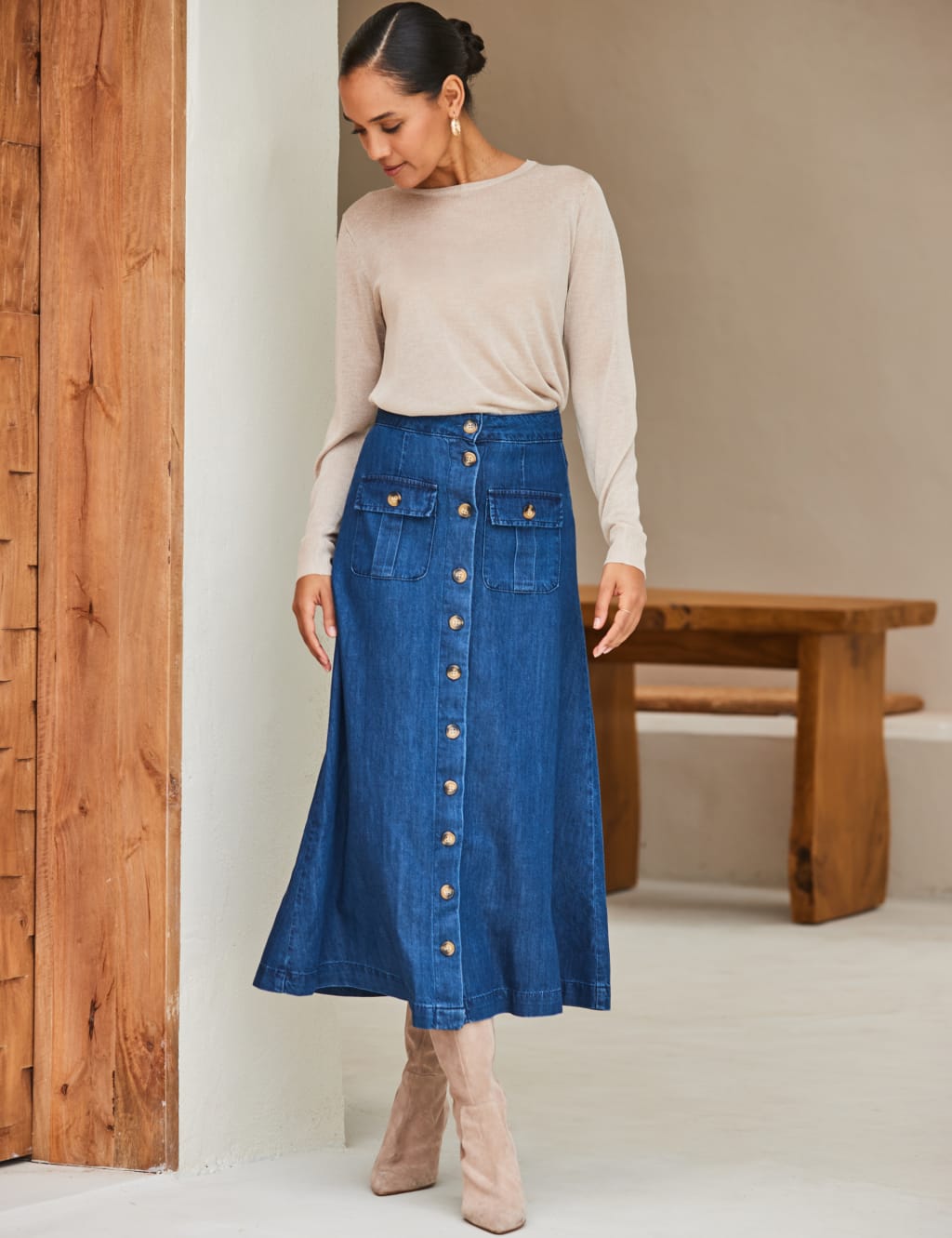 Denim Button Front Midi Skirt