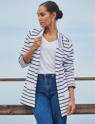 Sosandar Women's Knitted Striped Single Breasted Blazer - White Mix, White Mix