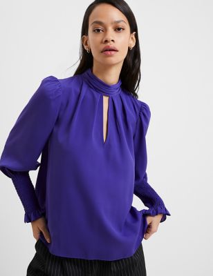 French Connection Womens Crepe High Neck Blouson Sleeve Blouse - Purple, Purple