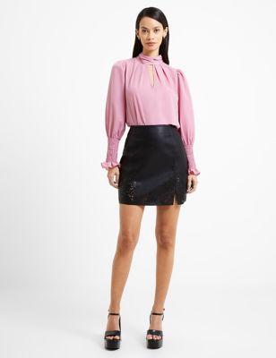 French Connection Womens Crepe High Neck Puff Sleeve Shirred Blouse - XS - Pink, Pink