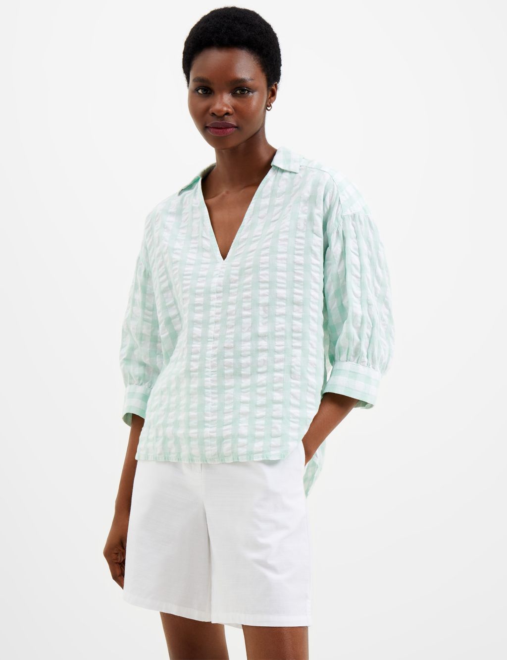 Textured Checked Puff Sleeve Shirt image 1