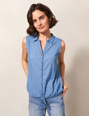 White Stuff Women's Cotton Rich Lace Collared V-Neck Shirt - 6 - Blue, Blue