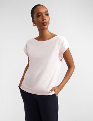 Hobbs Womens Pure Cotton Slub T-Shirt - XS - Light Pink, Light Pink,White