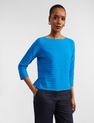 Hobbs Womens Pure Cotton Striped Slash Neck Jumper - Blue, Blue