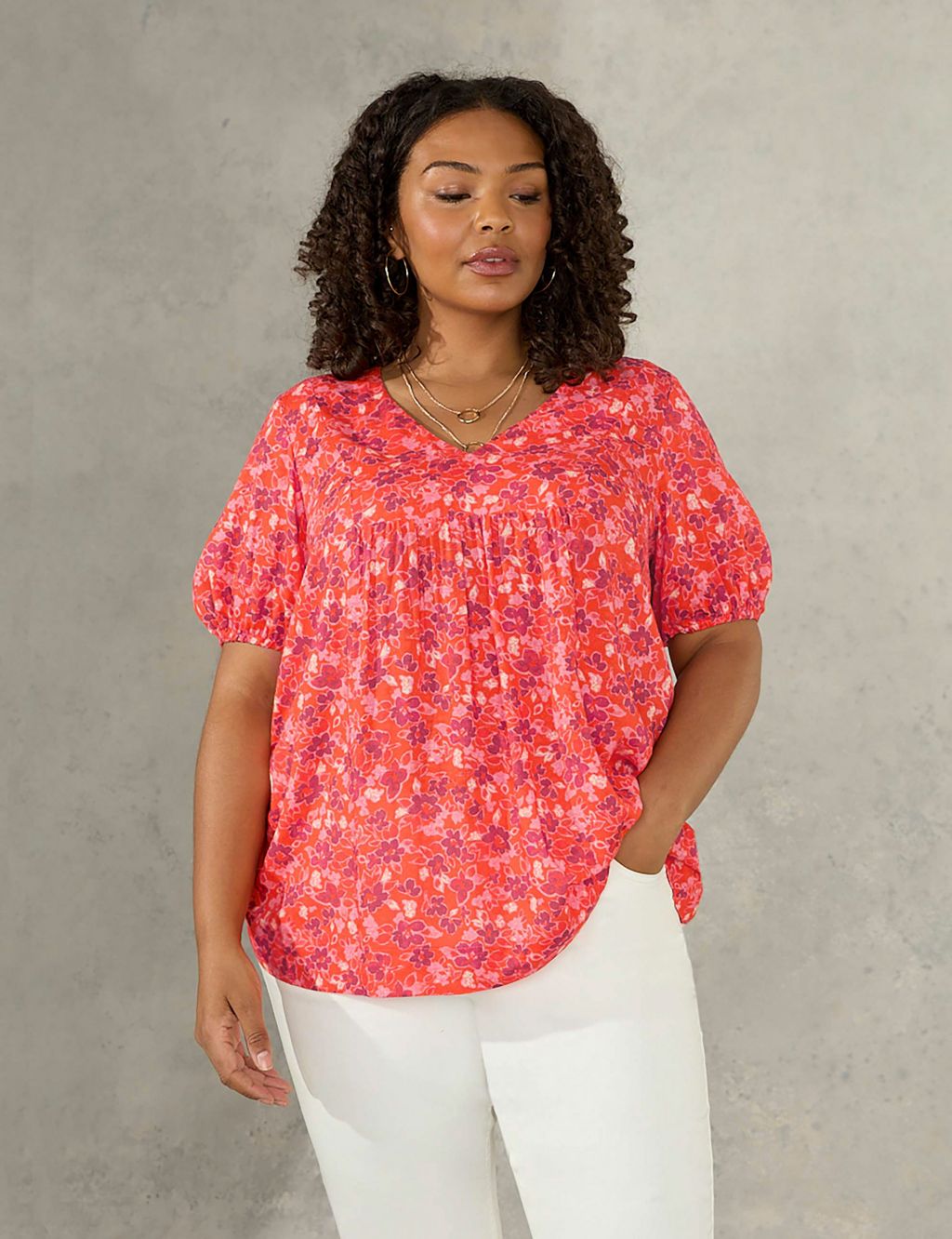 Floral V-Neck Relaxed Puff Sleeve Blouse image 3