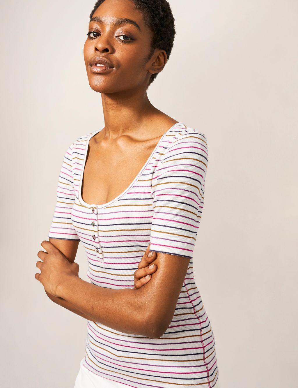 Cotton Modal Blend Striped Ribbed T-Shirt image 1