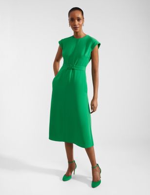 Hobbs Womens Belted Midi Waisted Dress - 10 - Green, Green