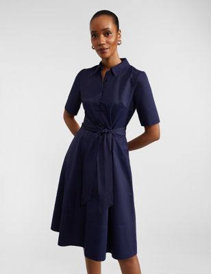 Hobbs Womens Cotton Blend Belted Midi Shirt Dress - 6 - Navy, Navy