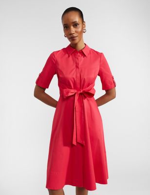 Hobbs Womens Cotton Blend Belted Midi Shirt Dress - 8 - Pink, Pink