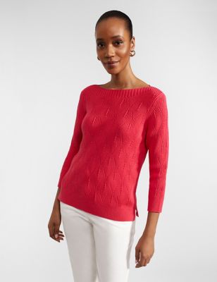 Hobbs Womens Pure Cotton Textured Slash Neck Jumper - XS - Pink, Pink