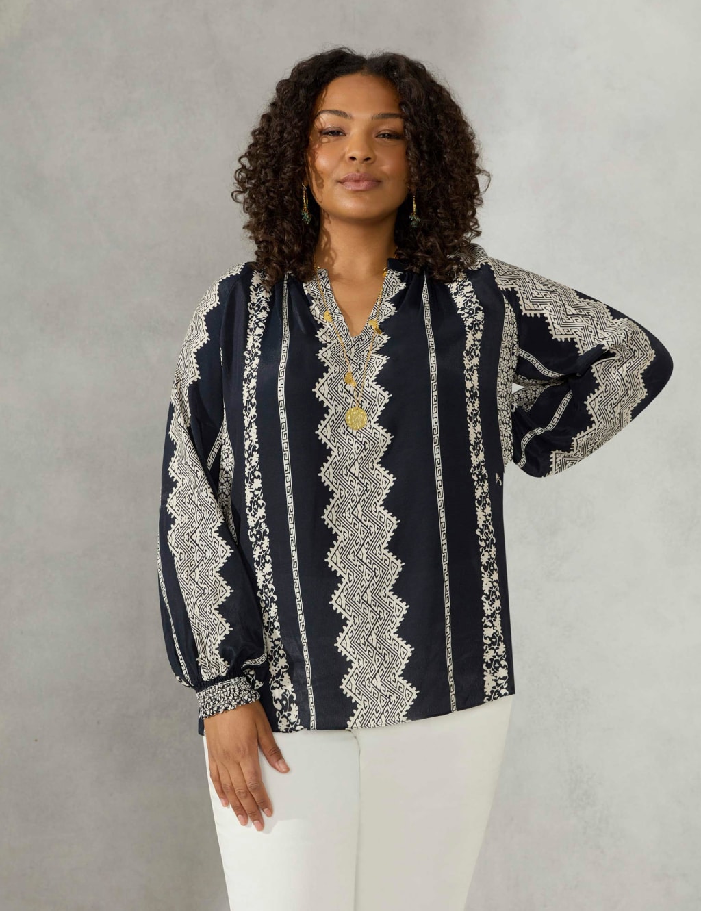 Striped V-Neck Relaxed Blouson Sleeve Blouse image 1