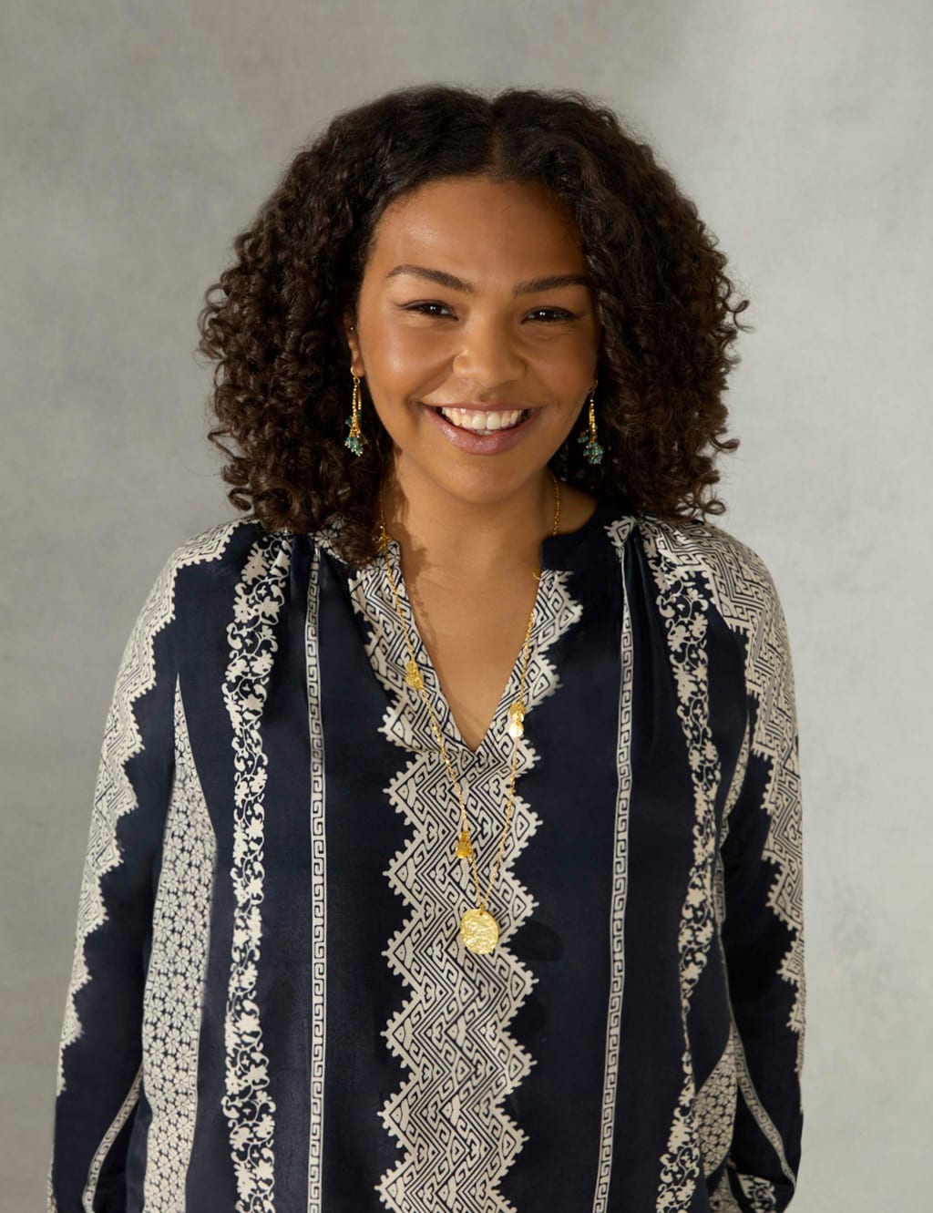 Striped V-Neck Relaxed Blouson Sleeve Blouse image 3