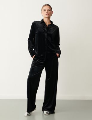 Finery London Womens Velvet Elasticated Waist Wide Leg Trousers - 14 - Black, Black