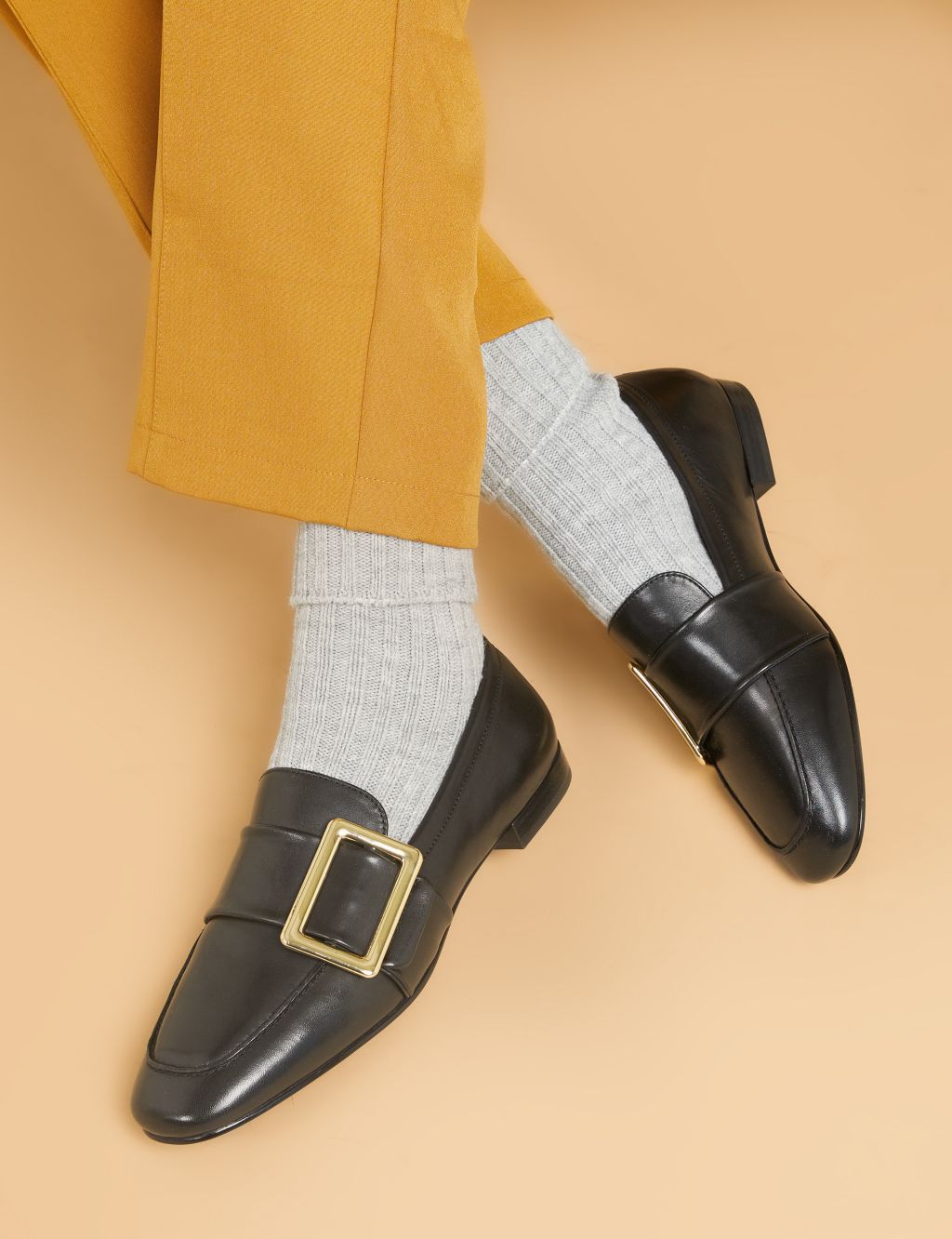 Leather Buckle Flat Loafers